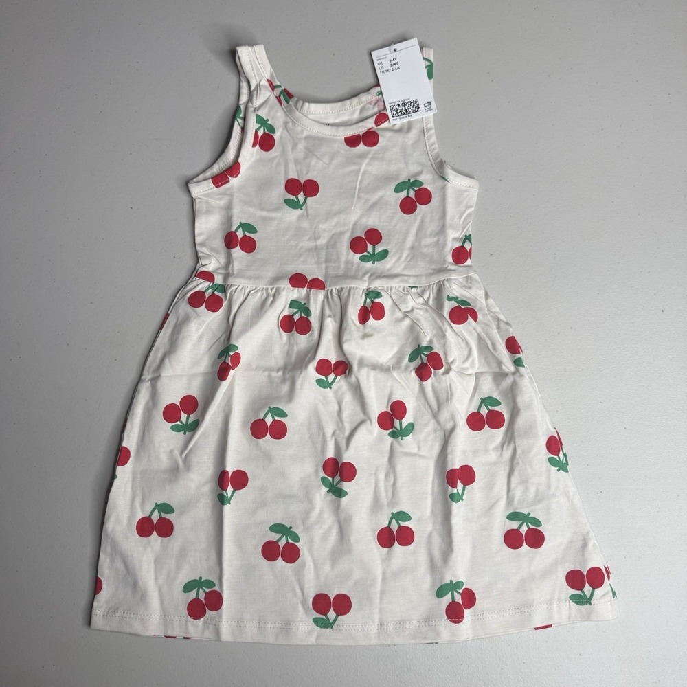 NWT H&M Kids Printed Dress Size 3/4T Ivory with Cherries Fruit Pattern